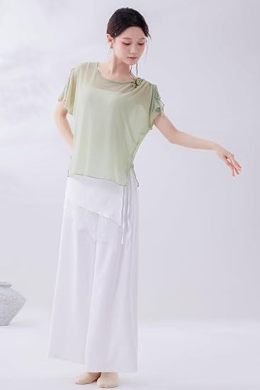 Green Short Sleeve Top And White Wide-Leg Pants Set image 1